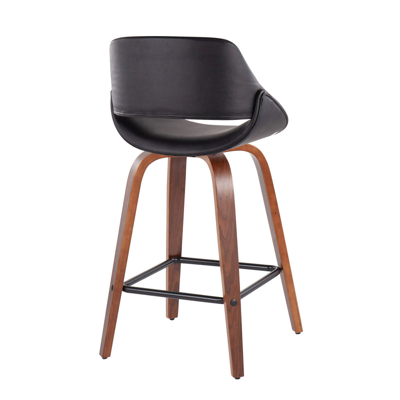 Set of two Lumi Source Fabrico mid-century modern counter stools with wooden legs and upholstered seats, ideal for kitchen or bar area.