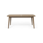 Outdoor expandable dining table by Noble House with slatted tabletop and tapered legs, suitable for patio or garden dining.