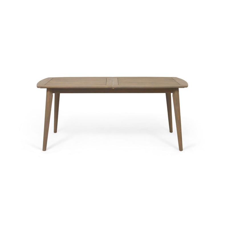 Outdoor expandable dining table by Noble House with slatted tabletop and tapered legs, suitable for patio or garden dining.