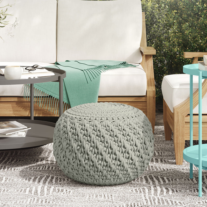 Nisi - Round Knitted Outdoor / Indoor Pouf - Light Gray - R&R Furniture Gallery (Fountain Valley, CA)