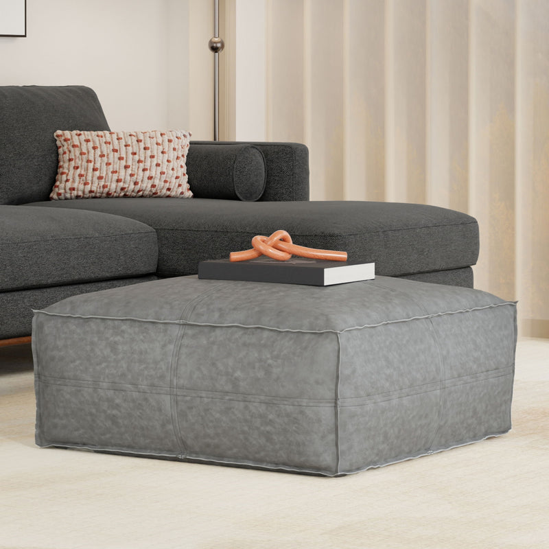 Large square coffee table pouf from Simpli-Home's Brody accent poufs collection, featuring soft fabric and modern design.