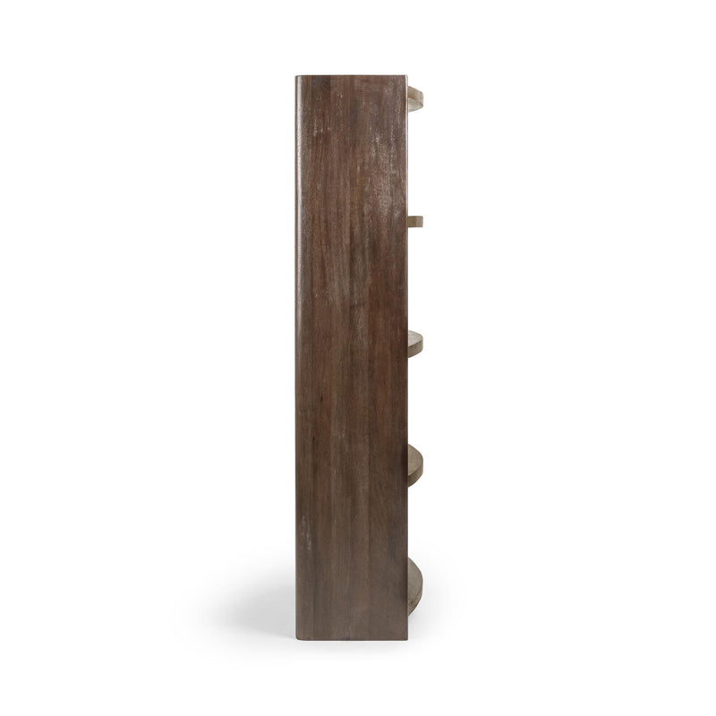 Classic Home Kyra Cocoa Brown bookshelf with multiple shelves, made of sturdy wood, showcasing a stylish and functional bookcase design.