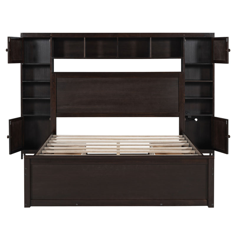 DreamHaus cabinet bed with integrated shelf, storage cabinet, and sockets, showcasing its multifunctional design and compact layout.