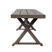 Dark gray modern aluminum outdoor dining bench with X base by Noble House, showcasing sleek, durable design for outdoor seating.