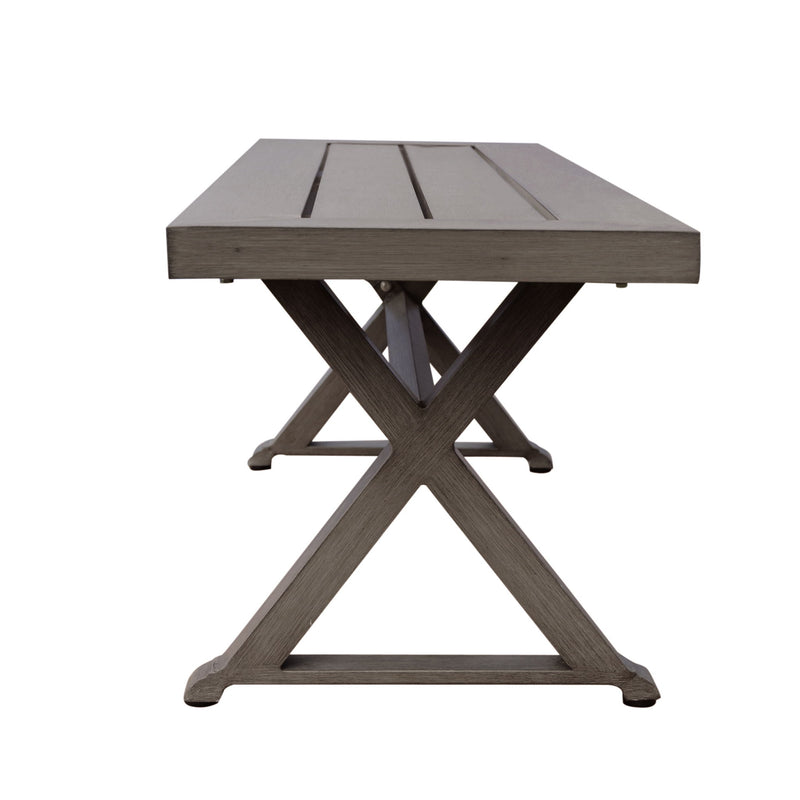 Dark gray modern aluminum outdoor dining bench with X base by Noble House, showcasing sleek, durable design for outdoor seating.