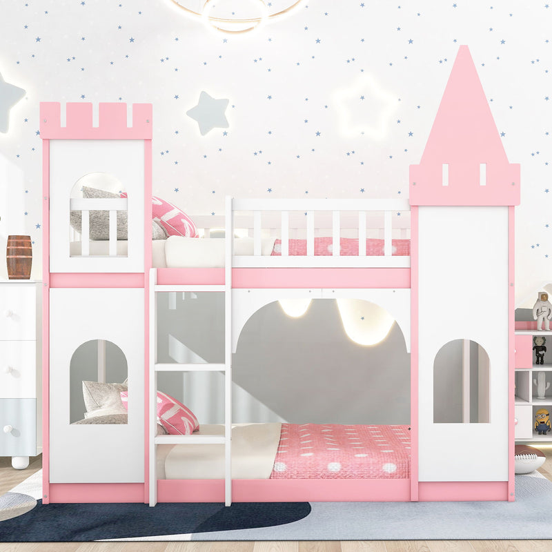 Twin Over Twin Castle Bunk Bed With Ladder - Pink - R&R Furniture Gallery (Fountain Valley, CA)