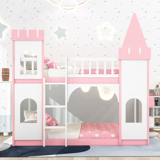 Twin Over Twin Castle Bunk Bed With Ladder - Pink - R&R Furniture Gallery (Fountain Valley, CA)
