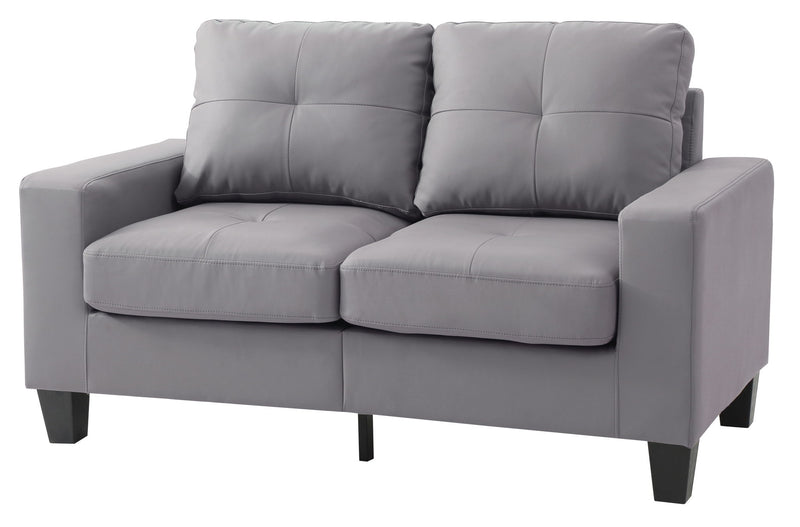 Glory Furniture upholstered stationary loveseat with track arms, cozy fabric, perfect for small living spaces, in a neutral color.