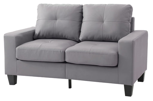 Glory Furniture upholstered stationary loveseat with track arms, cozy fabric, perfect for small living spaces, in a neutral color.