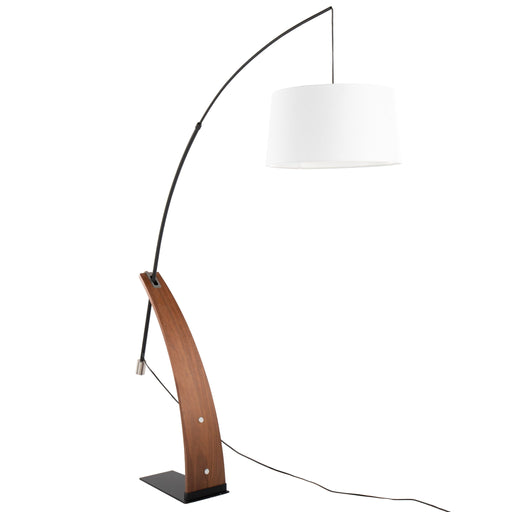Lumi Source Robyn mid-century modern floor lamp with a sleek wooden tripod base and a white fabric shade, standing in a stylish living room.