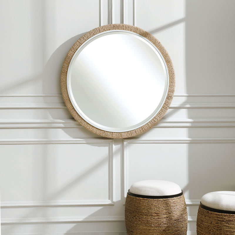 Light brown Carbet round rope mirror by Uttermost, wall-mounted with a natural woven rope frame for stylish decor.