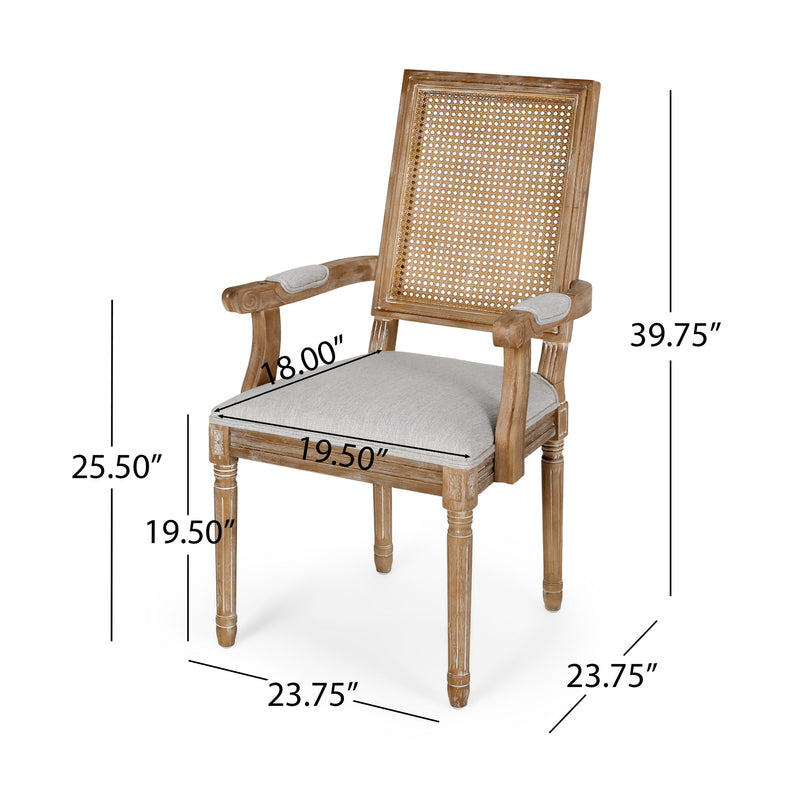 Elegant French country style arm chair with cane backrest by Noble House, showcasing a classic wooden frame and upholstered seat.