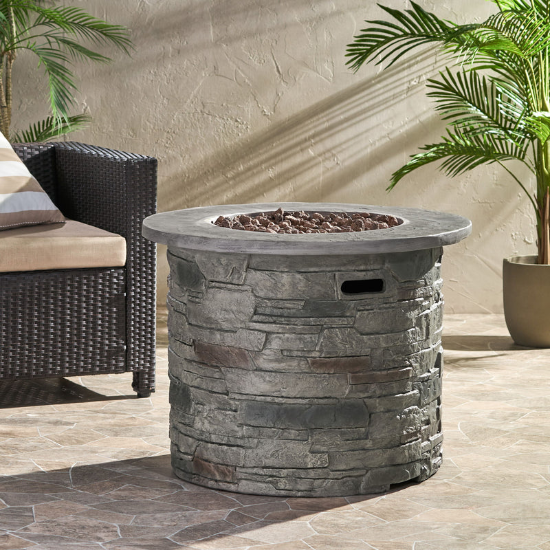 Transitional Outdoor 32" Round Propane Fire Pit Table, Lightweight Concrete Construction - Stone Gray - R&R Furniture Gallery (Fountain Valley, CA)