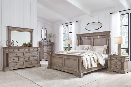 Signature Design by Ashley Blairhurst 6-piece panel bedroom set with a bed, dresser, and matching nightstands, featuring a sleek wood finish.