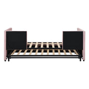 Twin size upholstered daybed with pop-up trundle from Halcyon Home, featuring a cushioned fabric frame and modern design.