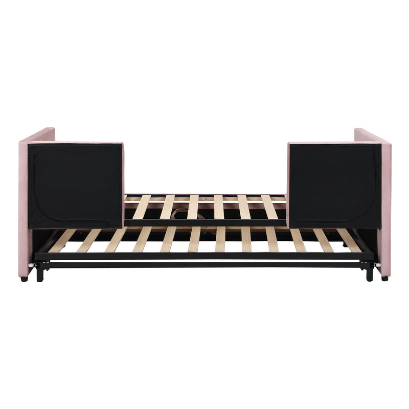 Twin size upholstered daybed with pop-up trundle from Halcyon Home, featuring a cushioned fabric frame and modern design.