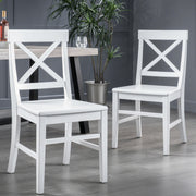 Set of two Noble House Plethora dining chairs with X-shaped back and wooden legs, showcasing modern, comfortable seating.