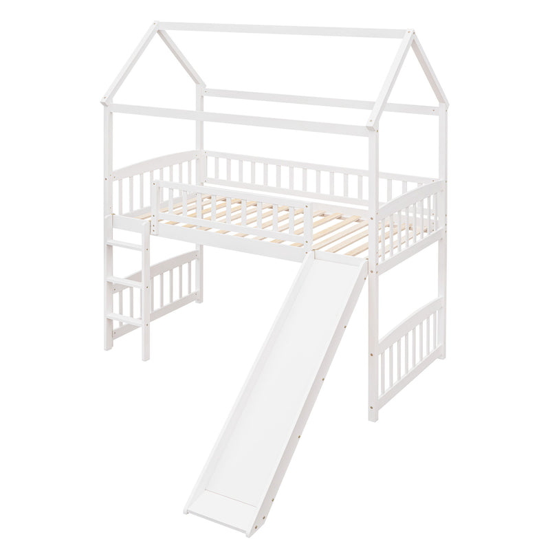 DreamHaus loft bed with slide, showcasing a sturdy wooden frame, ladder, and playful slide for kids' bedroom fun.