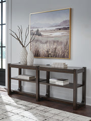 Dark brown Breckington sofa table by Signature Design by Ashley® with a sleek rectangular surface and sturdy legs.