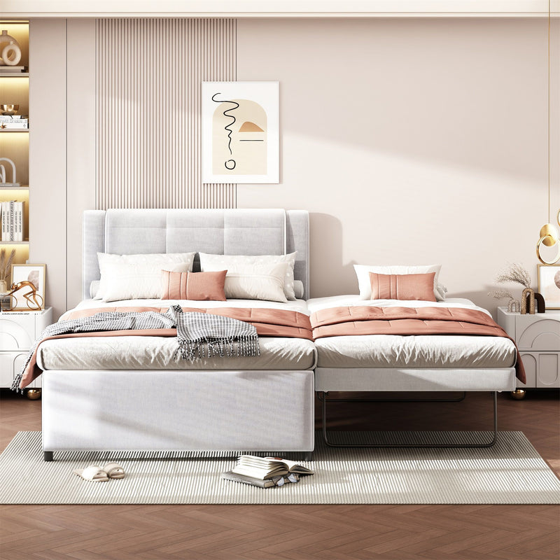 Upholstery Platform Bed With Trundle, Trundle Can Be Flat Or Erected - R&R Furniture Gallery (Fountain Valley, CA)