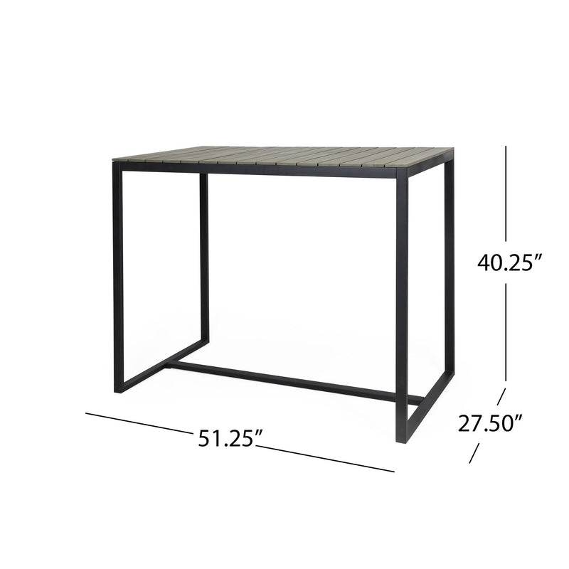 Noble House Ernesto outdoor industrial acacia wood bar table with sturdy rectangular design and natural wood finish.