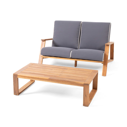 Noble House Paloma outdoor loveseat and coffee table set with weather-resistant cushions, modern design for outdoor relaxation.