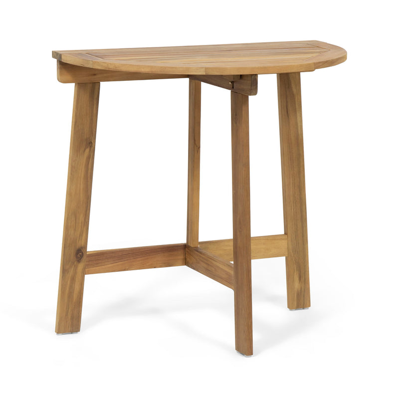 Noble House outdoor half round folding bistro table made of acacia wood, ideal for patio or garden dining.