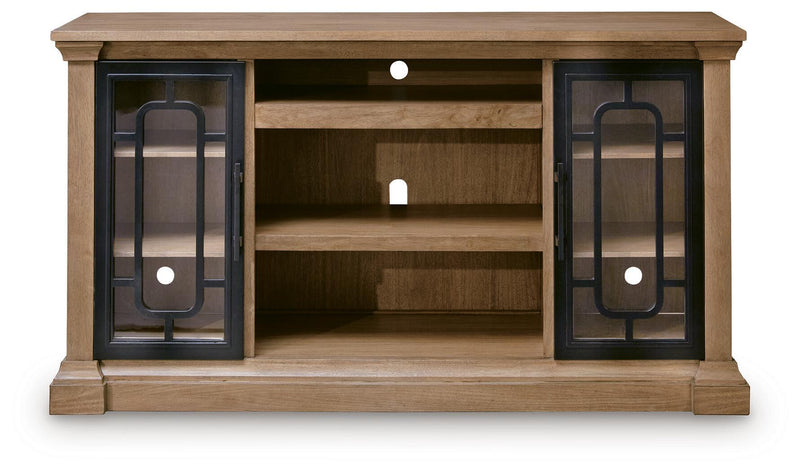 Signature Design by Ashley Wittenmyer TV stand with open shelving and storage compartments, in a modern wood finish.