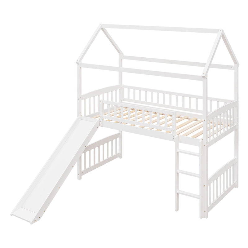 DreamHaus loft bed with built-in slide, featuring a sturdy wooden frame, ladder, and playful design for kids' bedroom.