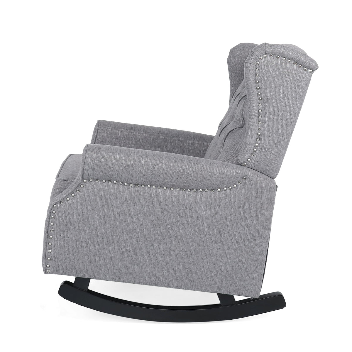 Gray Sheila contemporary fabric tufted wingback rocking chair by Noble House, showcasing plush upholstery and elegant design.