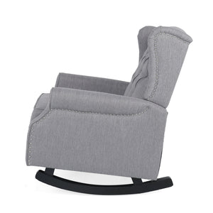 Gray Sheila contemporary fabric tufted wingback rocking chair by Noble House, showcasing plush upholstery and elegant design.