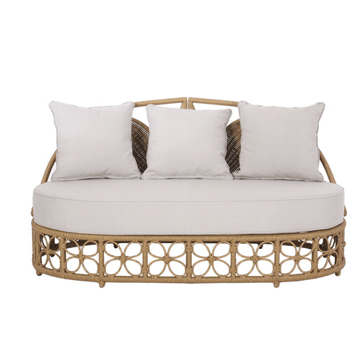 Outdoor wicker daybed with beige pillows, light brown finish, by Noble House, featuring a comfortable and stylish outdoor lounge.