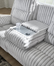 Rhines Falls - Reclining Power Sofa With Drop Down Table - Alloy - R&R Furniture Gallery (Fountain Valley, CA)