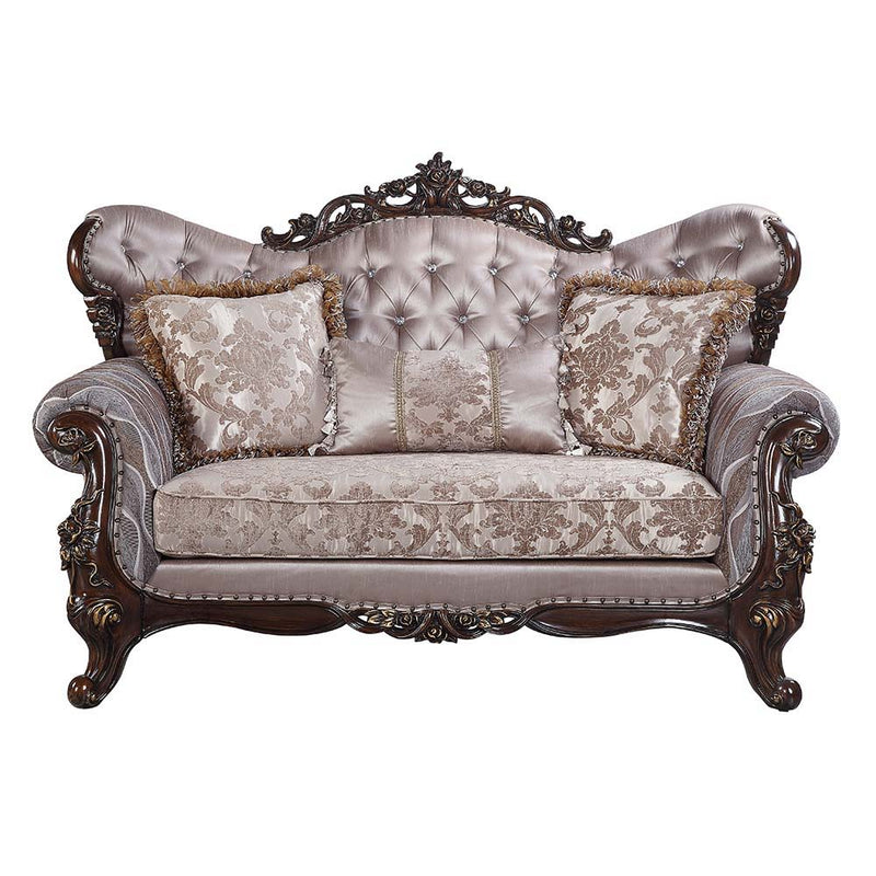 Benbek - Loveseat With 3 Pillows - Fabric & Antique Oak - R&R Furniture Gallery (Fountain Valley, CA)