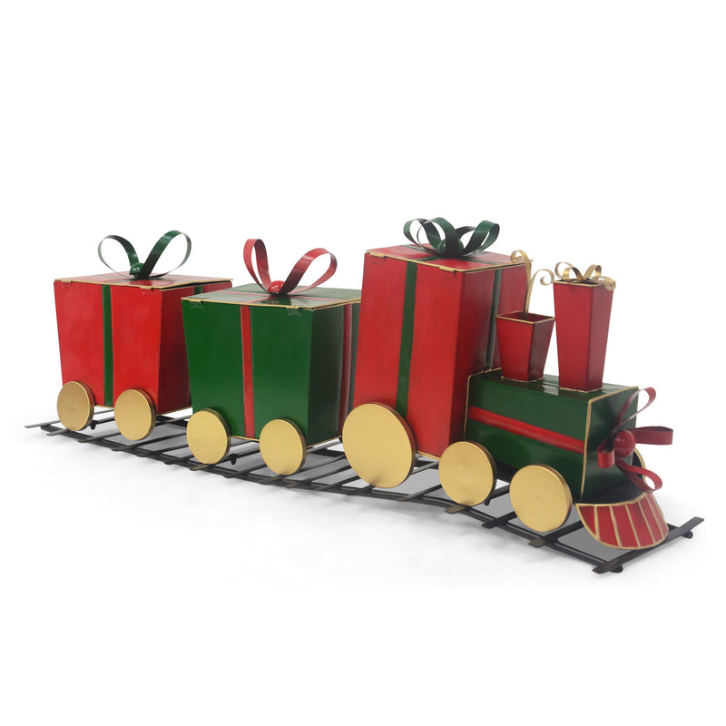Red Christmas festive train decor with gift-shaped carriages by Noble House, perfect for holiday holiday decorations.