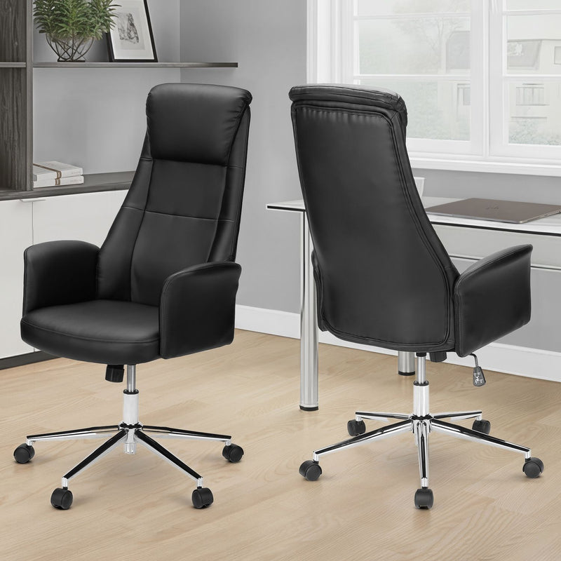 Black 8th Street swivel office chair with adjustable height, ergonomic design, and a cushioned seat for comfortable seating.
