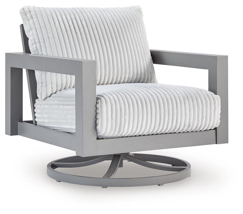 Gray Hurley Park swivel chair with cushioned seat and backrest, featuring a modern design and a sturdy swivel base.