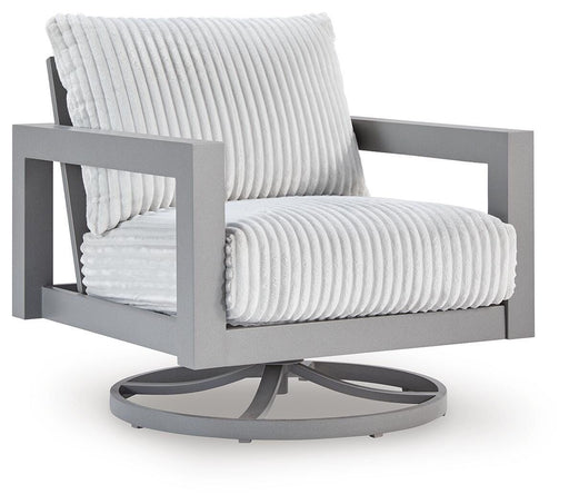 Gray Hurley Park swivel chair with cushioned seat and backrest, featuring a modern design and a sturdy swivel base.