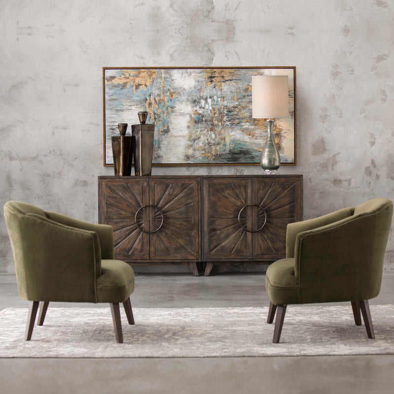 Uttermost Conroy accent chair in olive upholstery with sleek wooden legs, stylish and comfortable for living room decor.