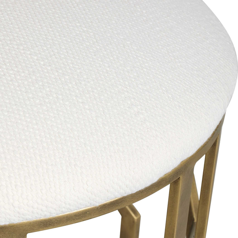 White and gold geometric accent stool by Uttermost with a trellis design, perfect for stylish home decor.