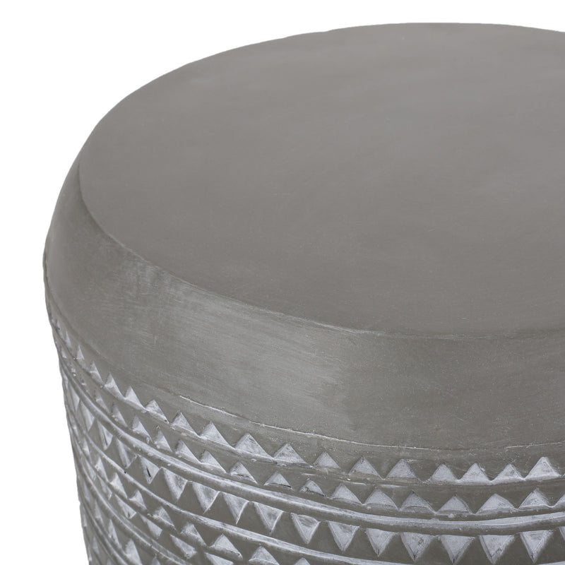 White outdoor side table with a cylindrical shape by Noble House, featuring a sleek and modern design for outdoor seating areas.