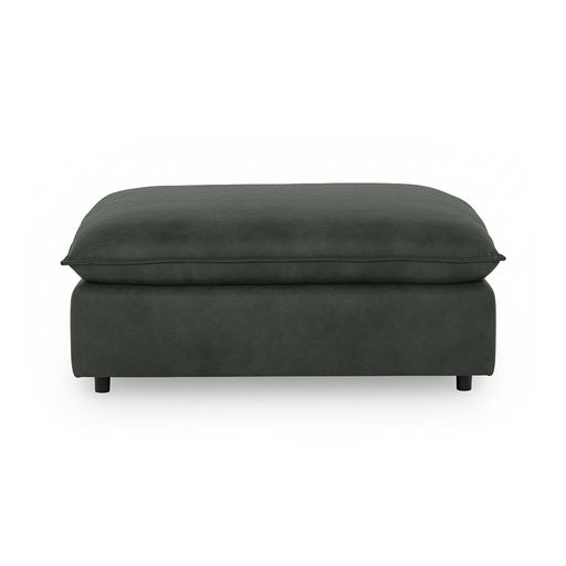 Classic Home Caplan upholstered ottoman with soft fabric and sturdy wooden legs, ideal for living room or lounge seating.