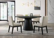 Lilola Home Jasper wide contemporary round dining table set with four matching chairs in a modern 5-piece dining room ensemble.