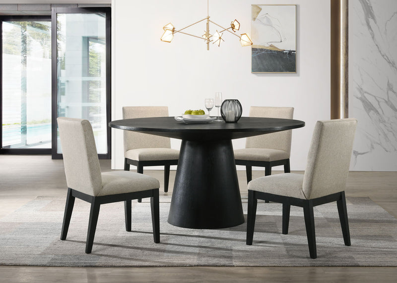 Lilola Home Jasper wide contemporary round dining table set with four matching chairs in a modern 5-piece dining room ensemble.