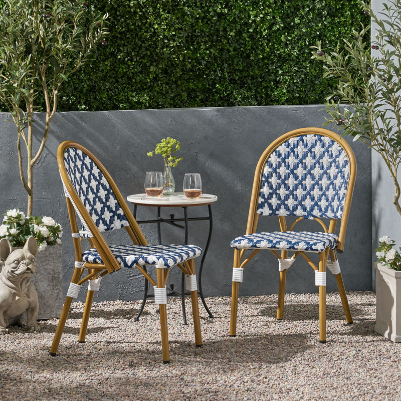 Noble House French Bistro Chair with durable rattan seat and aluminum frame, armless design for stylish outdoor or indoor use.