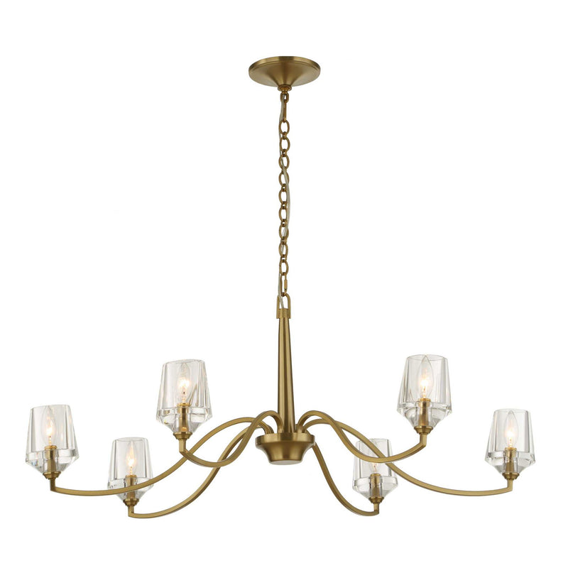 Uttermost Barcelona 6-light brass chandelier with gold finish, featuring elegant design and multiple light bulbs for a stylish ambiance.