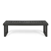 Dark gray Noble House Realm outdoor bench with slat panel top and base, showcasing a sturdy wooden design suitable for outdoor spaces.