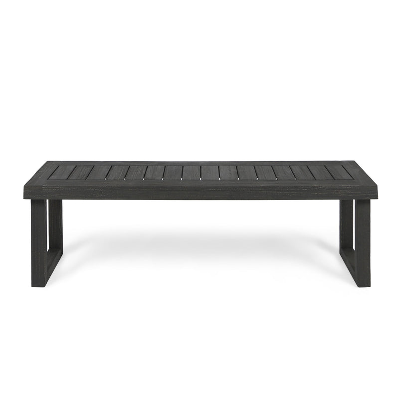 Dark gray Noble House Realm outdoor bench with slat panel top and base, showcasing a sturdy wooden design suitable for outdoor spaces.