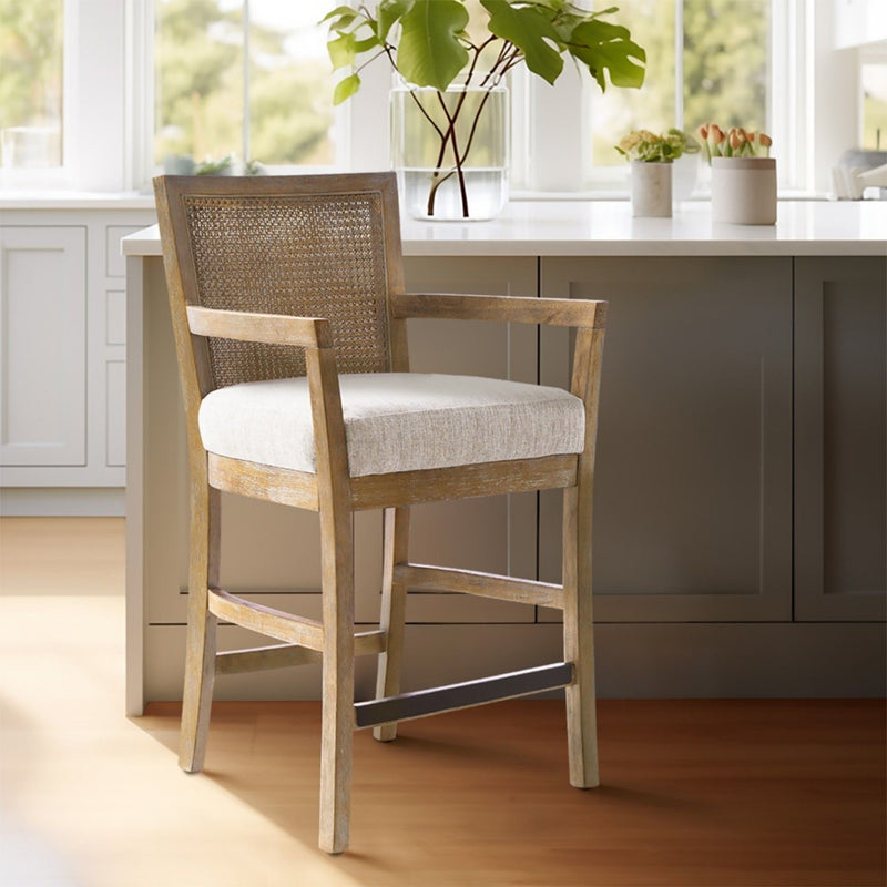 Cane Back Counter Stool With Upholstered Seat - Cream / Reclaimed Natural - R&R Furniture Gallery (Fountain Valley, CA)