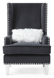 Elegant traditional arm chair by Glory Furniture with carved wooden legs and plush fabric upholstery in a classic design.